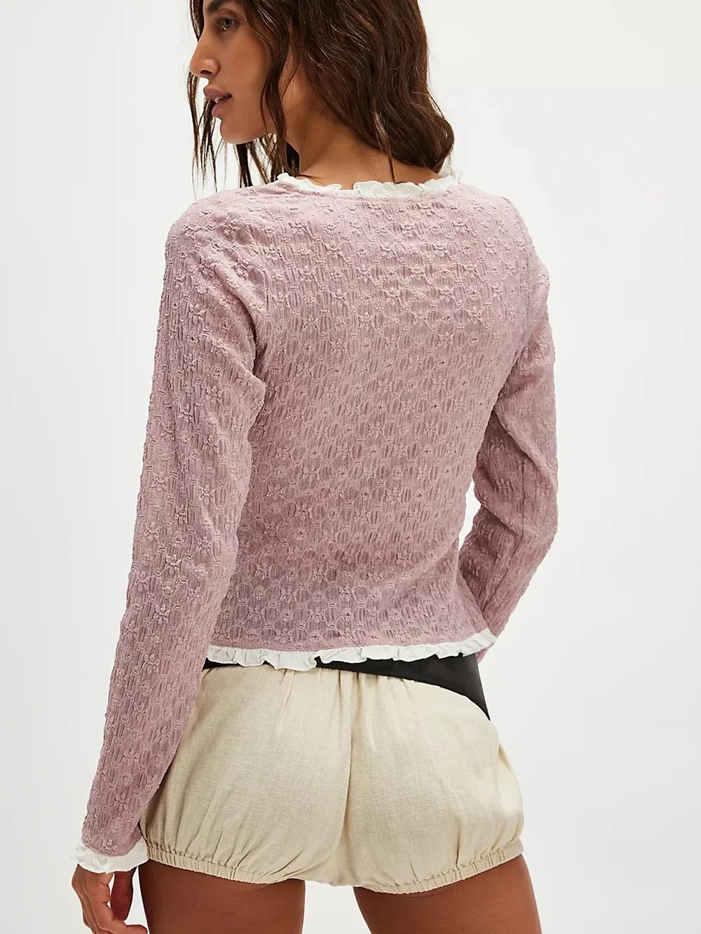 Free People Blackbird Cardi Textured Ruffle-Trim Button Top